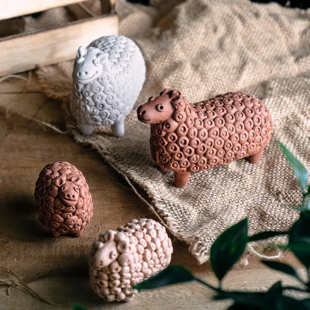 Amalfiee Terracotta Handmade Small Sheep Family Sculpture Set of 7